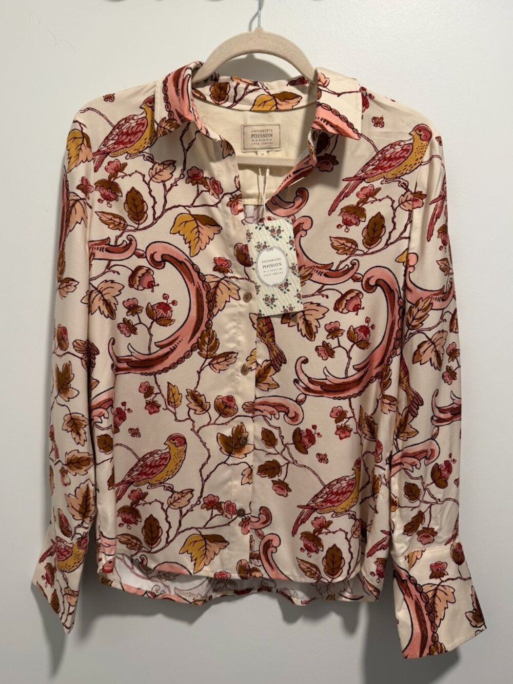 Sézane x Antoinette Poisson Annie Shirt Pink Birds Print NWT Size 2